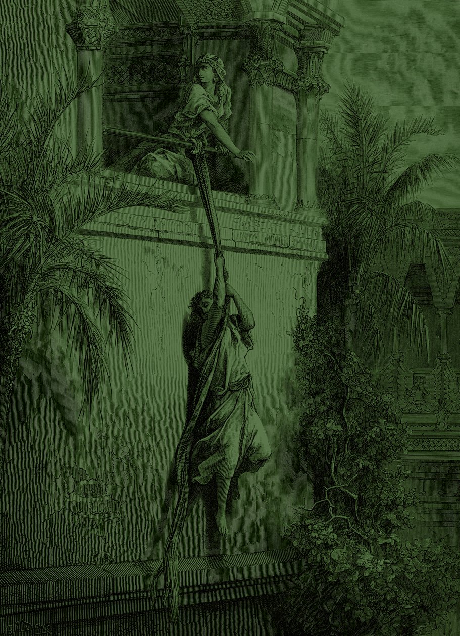 大卫通过窗户逃跑，多雷著。- 圣经 作者 古斯塔夫·多尔（Gustave Dore）