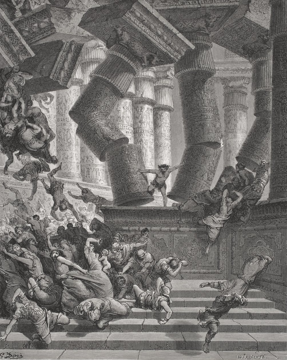 参孙死亡，士师记26：28-30，多尔的“圣经”中的插图，由G.Larlante刻，1866年（雕刻） 作者 古斯塔夫·多尔（Gustave Dore）