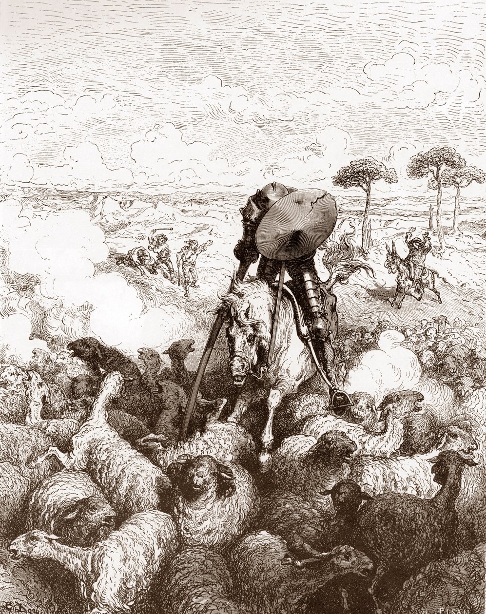 堂吉诃德袭击羊群 古斯塔夫-多尔（1832-1883 年）为米格尔-德-塞万提斯（1547-1616 年）的《曼恰的工程师伊达尔戈-堂吉诃德》（《堂吉诃德-吉诃德》）绘制的版画 1863 年 私人收藏 作者 古斯塔夫·多尔（Gustave Dore）