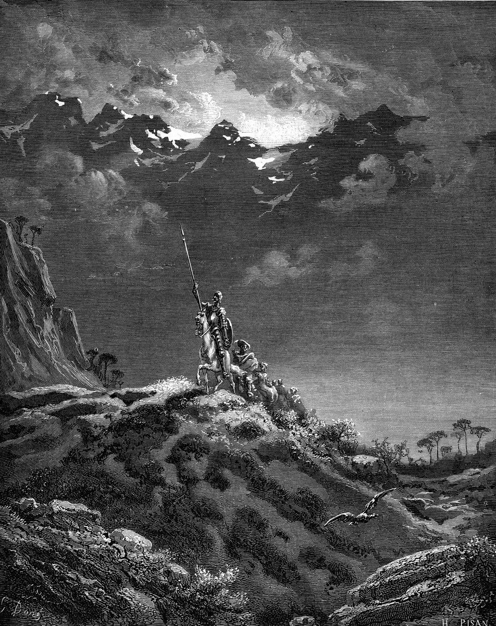 去冒险的堂吉诃德（Quixote 或 Qijote）。古斯塔夫-多尔为米格尔-德-塞万提斯-萨维德拉著、路易-维亚多译的 1869 年海歇特版《曼恰的堂吉诃德》（L