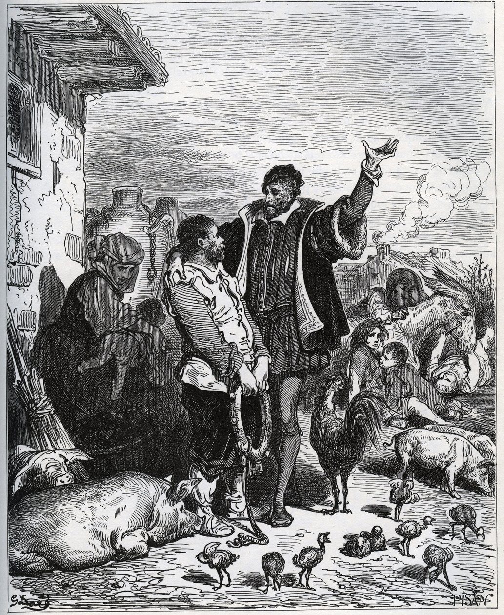 唐吉x德（Don Quixote）宣告他的邻居桑乔·潘萨（Sancho Panza）成为他的助教-选自米格尔·塞万提斯（Miguel Cervantes）的《唐吉x德·德拉·曼恰》 作者 古斯塔夫·多尔（Gustave Dore）