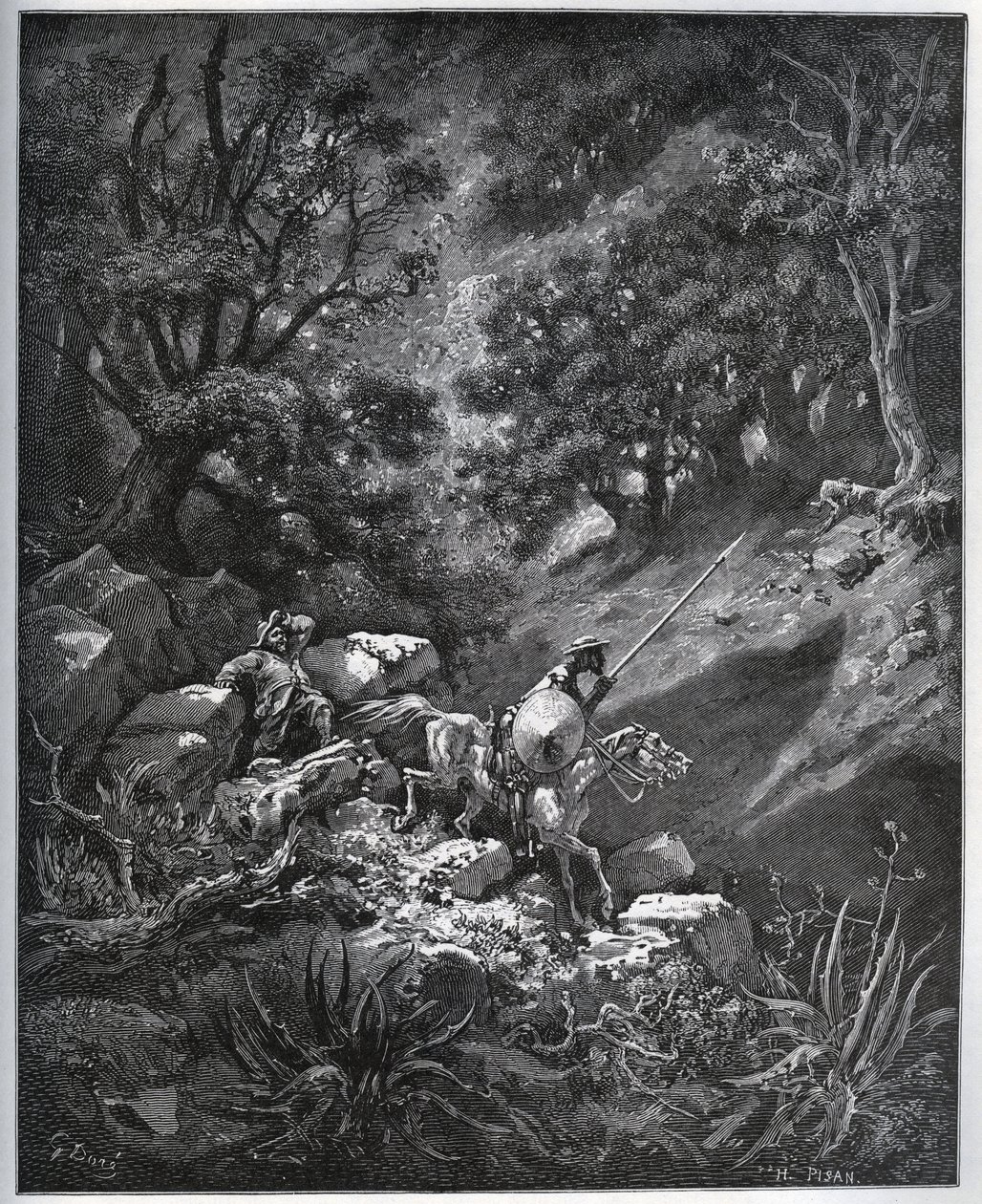 堂吉诃德和桑丘-潘沙继续他们在莫雷纳山脉的旅程，寻找德古尼尔-德拉-马莱塞矿--来自米格尔-塞万提斯（1547-1616）的《堂吉诃德》（《堂吉诃德》）--根据古斯塔夫-多尔的画作绘制的木刻版。 作者 古斯塔夫·多尔（Gustave Dore）
