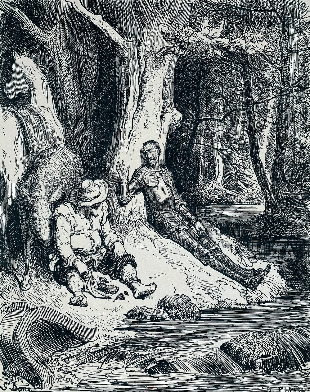 古斯塔夫-多尔（Gustave Dore）为《堂吉诃德》（Miguel de Cervantes Saavedra，1547-1616）创作的插图中的堂吉诃德和桑丘-潘萨（Sancho Panza）。 作者 古斯塔夫·多尔（Gustave Dore）