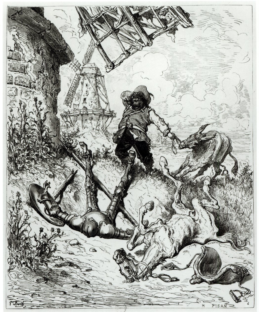 唐吉诃德和风车，来自Miguel Cervantes（1547-1616）的&39;Don Quixote de la Mancha&39;，由Heliodore Joseph Pisan（1822-90）刻 作者 古斯塔夫·多尔（Gustave Dore）