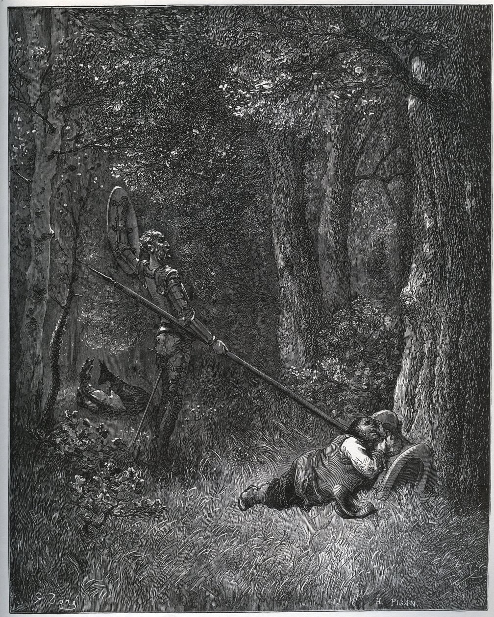 Don Quixote唤醒Sancho Panza-选自Miguel Cervantes的“ Don Quixote de la Mancha” 作者 古斯塔夫·多尔（Gustave Dore）