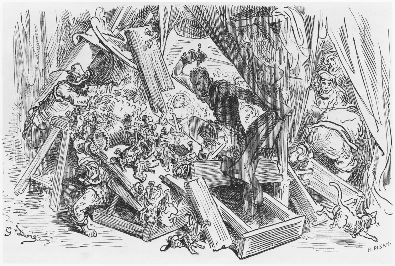 唐吉诃德与木偶战斗，由Miguel Cervantes（1547-1616）的&39;Don Quixote de la Mancha&39;插图由Heliodore Joseph Pisan（1822-90）刻 作者 古斯塔夫·多尔（Gustave Dore）