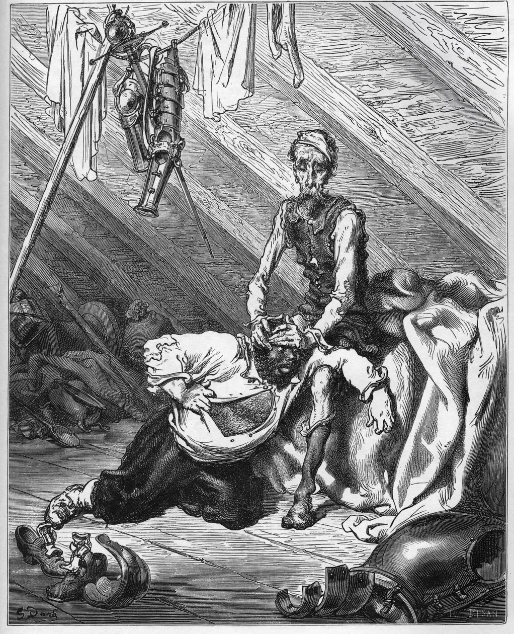 唐·吉x德（Don Quixote）使桑乔·潘萨（Sancho Panza）品尝他的珍贵香膏，治愈了所有这些疾病-来自米格尔·塞万提斯（Miguel Cervantes）的《唐吉x德·德拉曼恰》 作者 古斯塔夫·多尔（Gustave Dore）