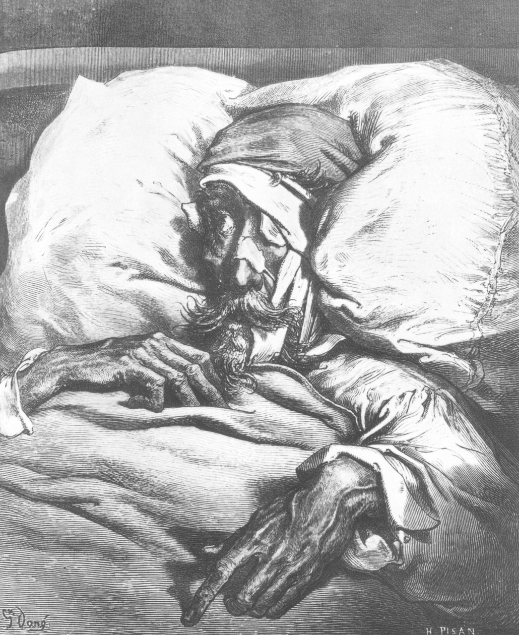 唐吉诃德受到来自Miguel Cervantes（1547-1616）的&39;Don Quixote de la Mancha&39;的伤害，由Heliodore Joseph Pisan（1822-90）刻 作者 古斯塔夫·多尔（Gustave Dore）