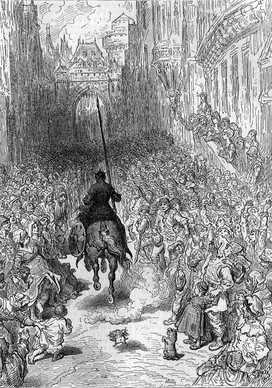 古斯塔夫-多尔（Gustave Dore，1832-1883）为路多维科-阿里奥斯托（Ludovico Ariosto）的诗作《愤怒的罗兰》（"Orlando furioso"）（16世纪）绘制的图画，被称为阿里奥斯塔。刊登在 "青年杂志 "上的版画 作者 古斯塔夫·多尔（Gustave Dore）