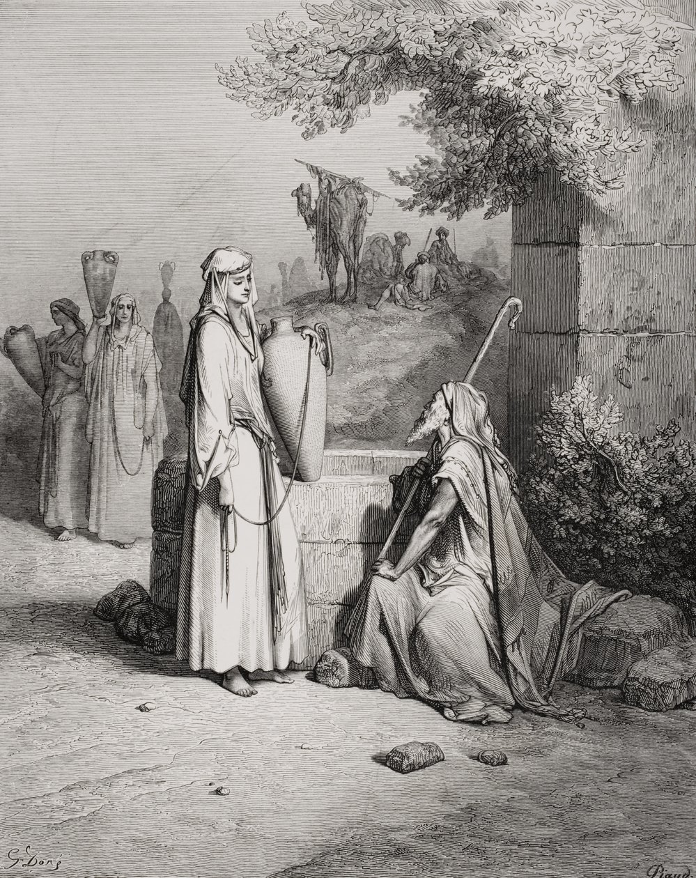 Eliezer和Rebekah，创世纪24：15-21，来自多尔的“圣经”的插图，由Piaud刻，1866年 作者 古斯塔夫·多尔（Gustave Dore）