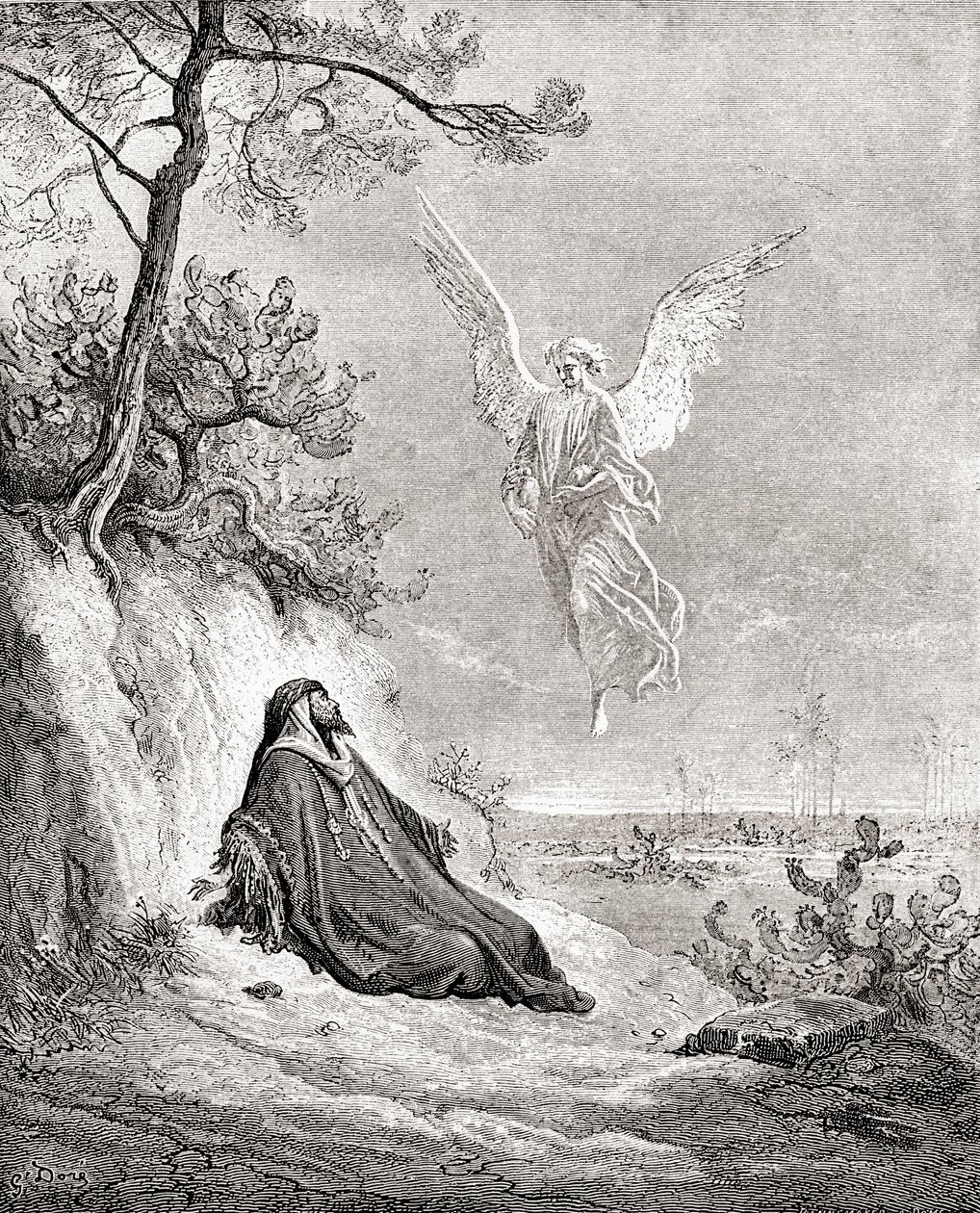天使滋养下的以利亚。取材于古斯塔夫-多尔的《圣经》作品。选自《古斯塔夫-多尔的生平与回忆》，1885 年出版。 作者 古斯塔夫·多尔（Gustave Dore）