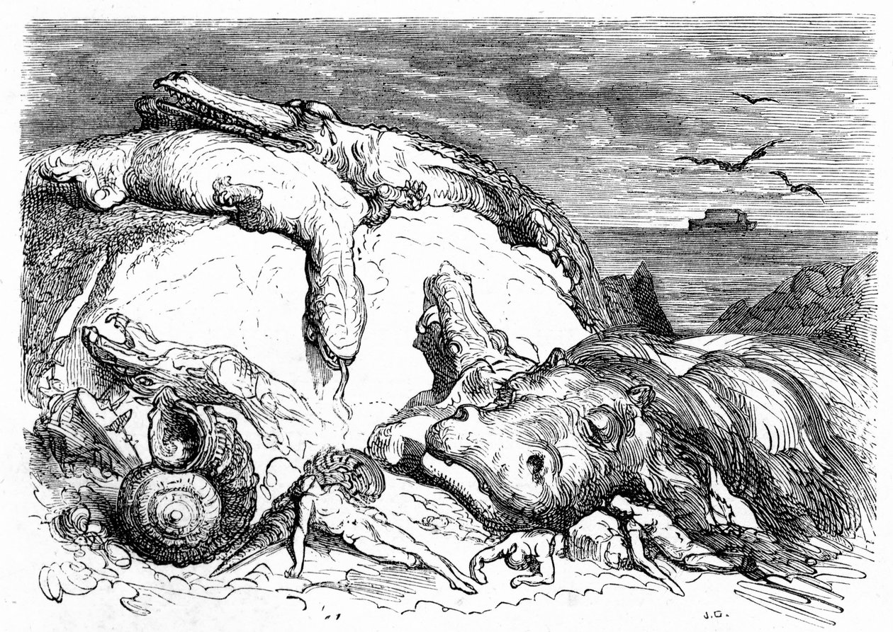 古斯塔夫-多尔（Gustave Dore）于 1850 年左右创作的版画：唤起人们对世界末日大洪水的回忆，将《圣经》传统（远处可以看到海上的诺伊方舟）和科学知识的开端（各种怪兽在山上倒下，预示着世界末日的来临）结合在一起。 作者 古斯塔夫·多尔（Gustave Dore）