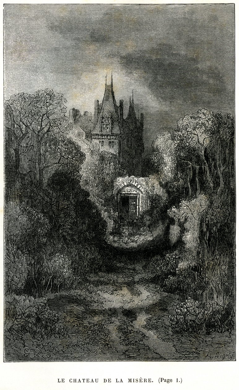 古斯塔夫-多尔（Gustave Dore）为西奥菲尔-戈蒂埃（Theophile Gautier）的小说《弗拉卡斯船长》绘制的封面插图。夏朋蒂埃 1863 年版。米赛尔城堡，西戈纳克男爵的家。 作者 古斯塔夫·多尔（Gustave Dore）