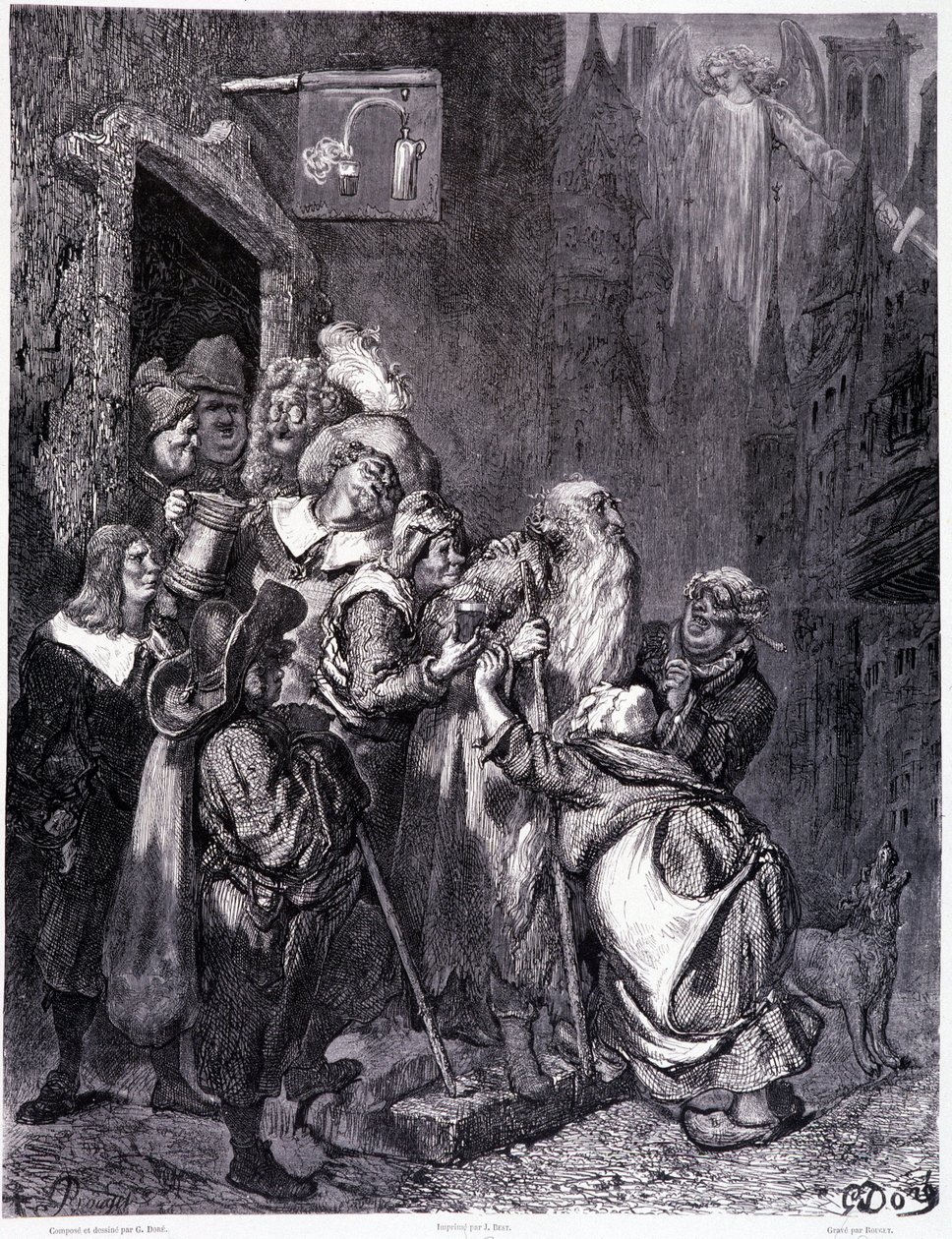 Enter this inn, plate IV - Illustration by Gustave Dore (1832-1883), for La legende du Jeif wandering by Pierre Dupont, edition Librairie du magasin picturesque, Paris 1862 作者 古斯塔夫·多尔（Gustave Dore）