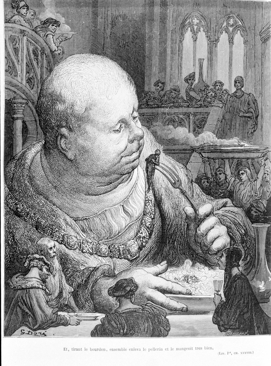François Rabelais (1483 - 1553) 从 Gargantua (1534) 摘录： 并且，拉着大黄蜂，一起取出果皮，吃得很好。 Gustave Dore (1823-1883) 雕刻 作者 古斯塔夫·多尔（Gustave Dore）