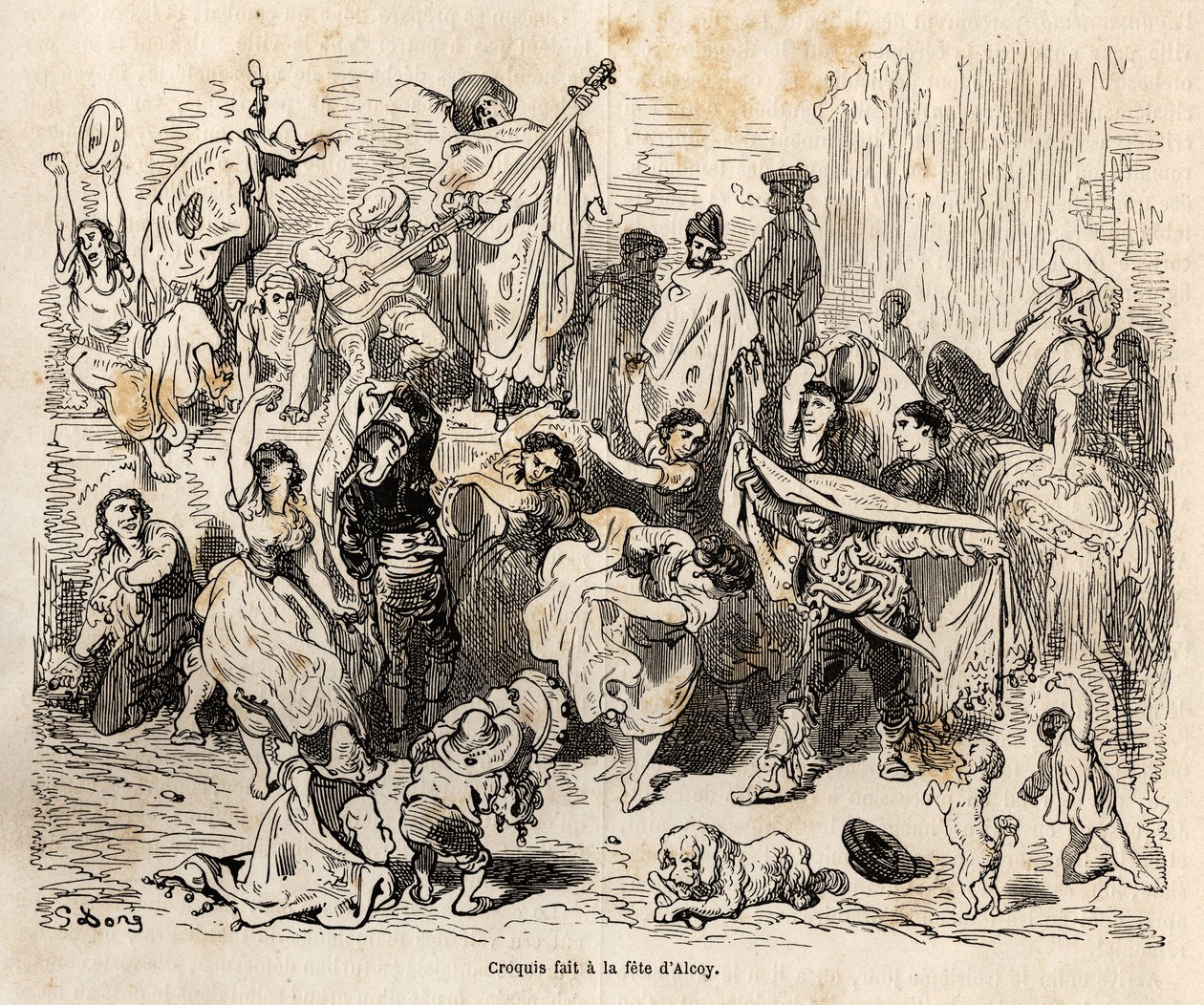 阿尔科伊市的赞助人圣乔治的盛宴，以活泼的古斯塔夫·多尔（1832-1883 年）为背景绘制的草图，以说明他于 1862 年与 Ch. 的西班牙之行。 戴维利耶。 雕刻在“Le tour du monde”，Edouard Charton 编辑 作者 古斯塔夫·多尔（Gustave Dore）