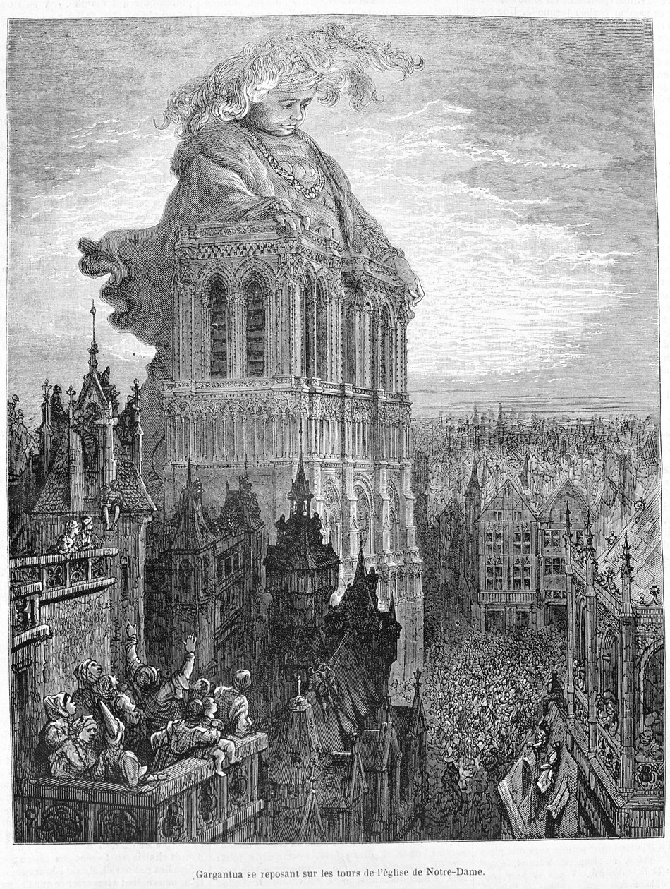 Gargantua 在圣母教堂的塔楼上休息。 弗朗索瓦·拉伯雷 (1483 - 1553) 的作品 Gargantua 后雕刻 作者 古斯塔夫·多尔（Gustave Dore）