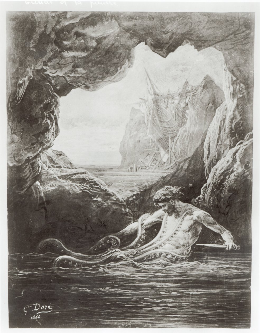 Gilliatt与巨型章鱼斗争，来自Victor Hugo的“Les Travailleurs de la Mer”插图（1802-85）1866 作者 古斯塔夫·多尔（Gustave Dore）