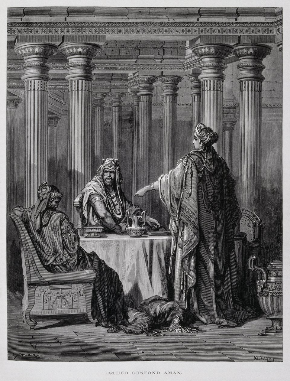哈曼被以斯帖王后谴责，插图来自多尔圣经 作者 古斯塔夫·多尔（Gustave Dore）