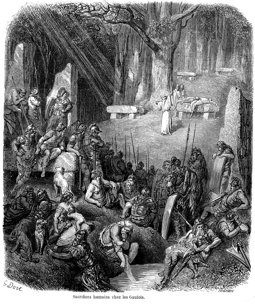 高卢人的人祭--德鲁伊、多尔曼、门希尔--古斯塔夫-多尔的版画，载于 Ch. Lahure 1862 年出版的《法国民间传说》--《高卢人的人祭》。 作者 古斯塔夫·多尔（Gustave Dore）