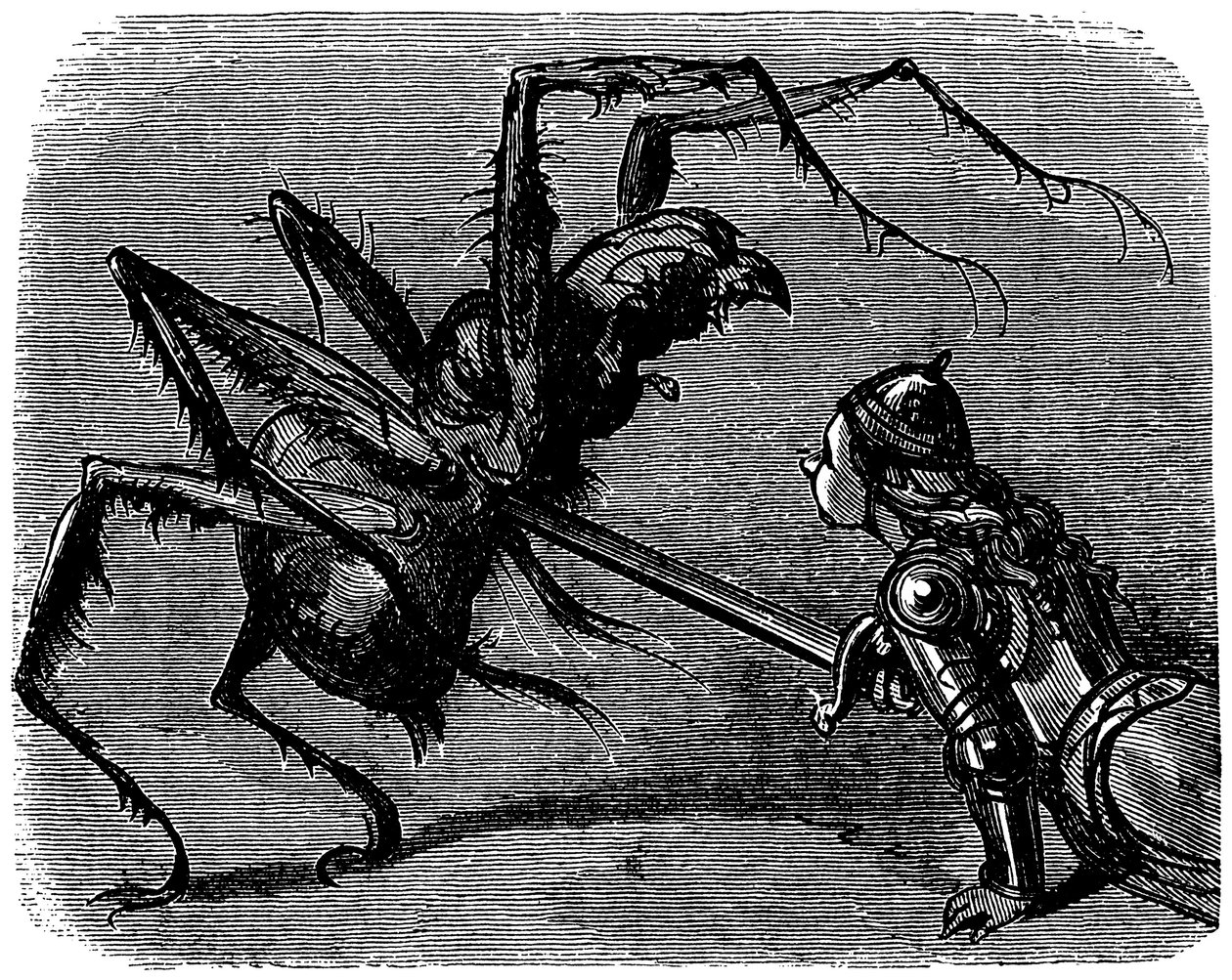 古斯塔夫-多尔（1832-1883 年）为 Ernest Lepine 的著作《La legende de Croquemitaine》（1863 年）绘制的插图--在这幅用剑与巨大的阿拉吉尼搏斗的画面前，人们不禁会想到托尔金的小说《弗罗多与阿拉吉尼》中弗罗多与阿拉吉尼的战斗。 作者 古斯塔夫·多尔（Gustave Dore）
