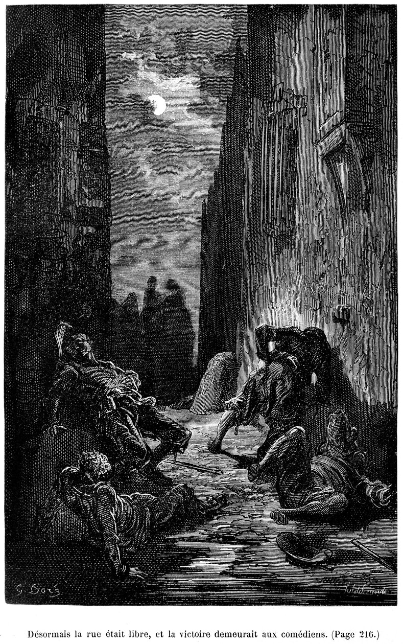 古斯塔夫-多尔（Gustave Dore）为西奥菲尔-戈蒂埃（Theophile Gautier）的小说《弗拉卡斯船长》（Le Capitaine Fracasse）绘制的插图--1883 年夏朋蒂埃版，与古斯塔夫-多尔（G. Dore）于 1866 年在同一出版社绘制的第一版插图几乎完全相同。章节 "剑、击球和其他冒险活动 作者 古斯塔夫·多尔（Gustave Dore）
