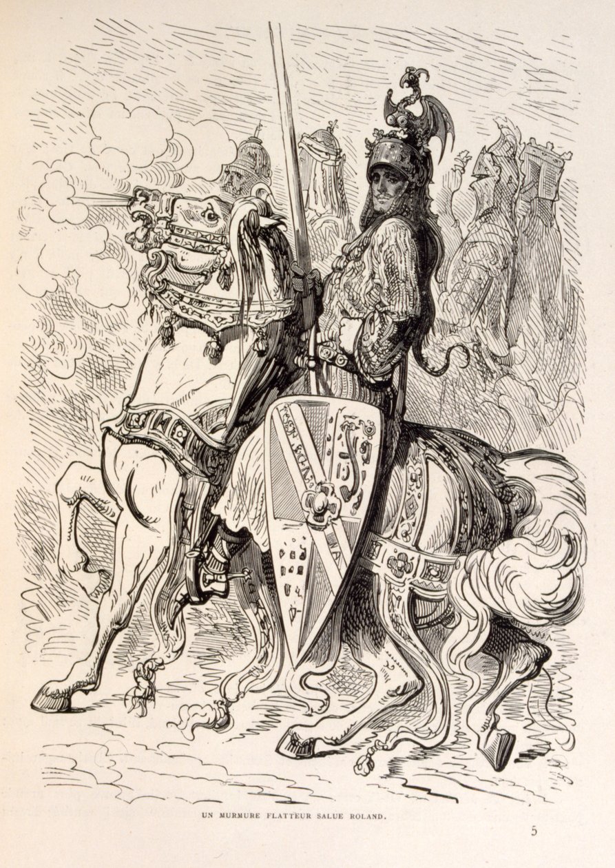 罗兰骑马的插图，选自《克罗克-米坦的传说》。 作者 古斯塔夫·多尔（Gustave Dore）