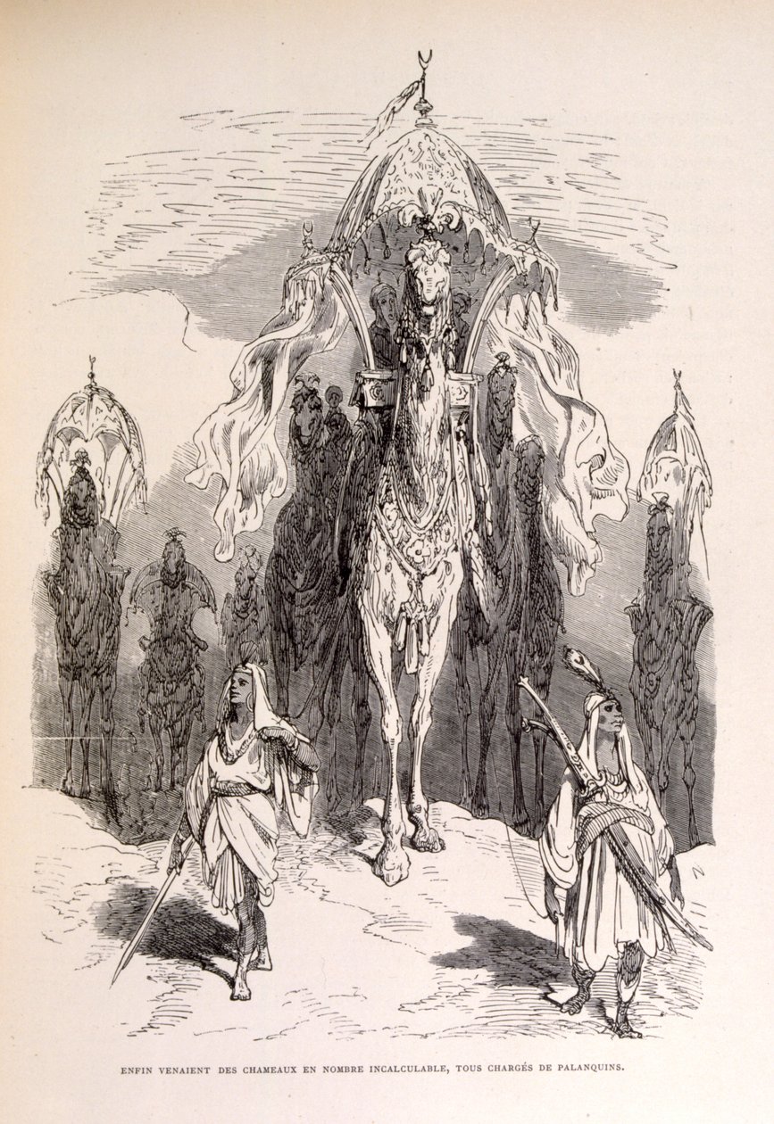 带有仆人和马车的东方骆驼队插图。 作者 古斯塔夫·多尔（Gustave Dore）