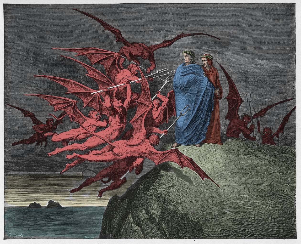 Inferno，Canto 21：恶魔威胁维吉尔，来自Dante Alighieri的“神曲”的插图，1885年 作者 古斯塔夫·多尔（Gustave Dore）