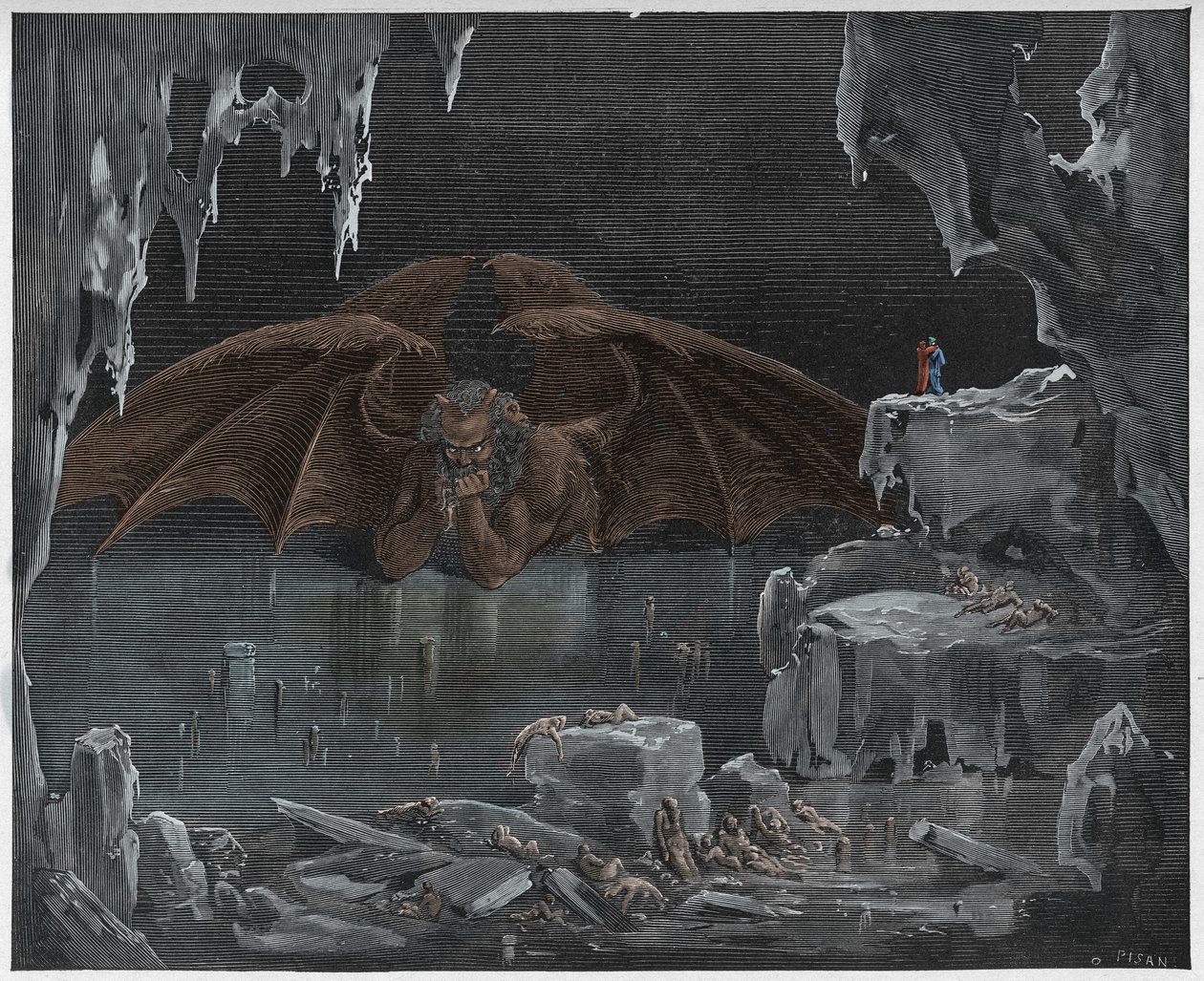 Inferno，Canto 34：地狱之王路西法，冻结在冰上，来自Dante Alighieri的“神曲”的插图，1885年 作者 古斯塔夫·多尔（Gustave Dore）