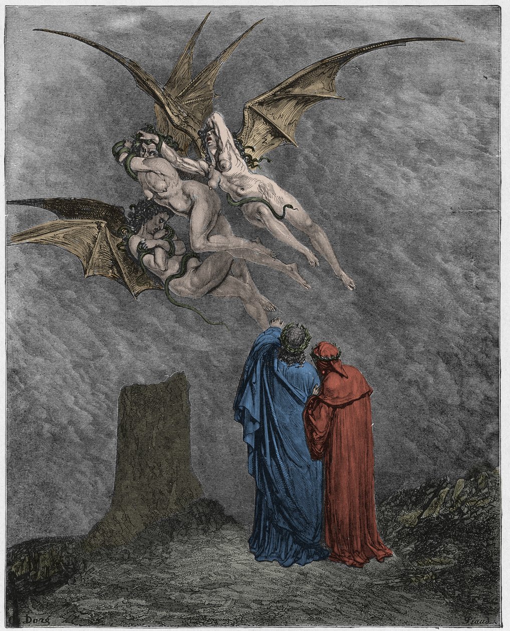 Inferno，Canto 9：可怕的Erinyes：Megaera，Tisiphone，Alecto 作者 古斯塔夫·多尔（Gustave Dore）