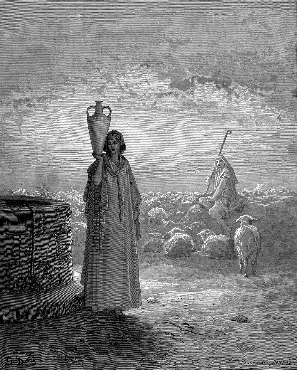 雅各布为拉班看守羊群，在井边看到拉结，1866年 作者 古斯塔夫·多尔（Gustave Dore）