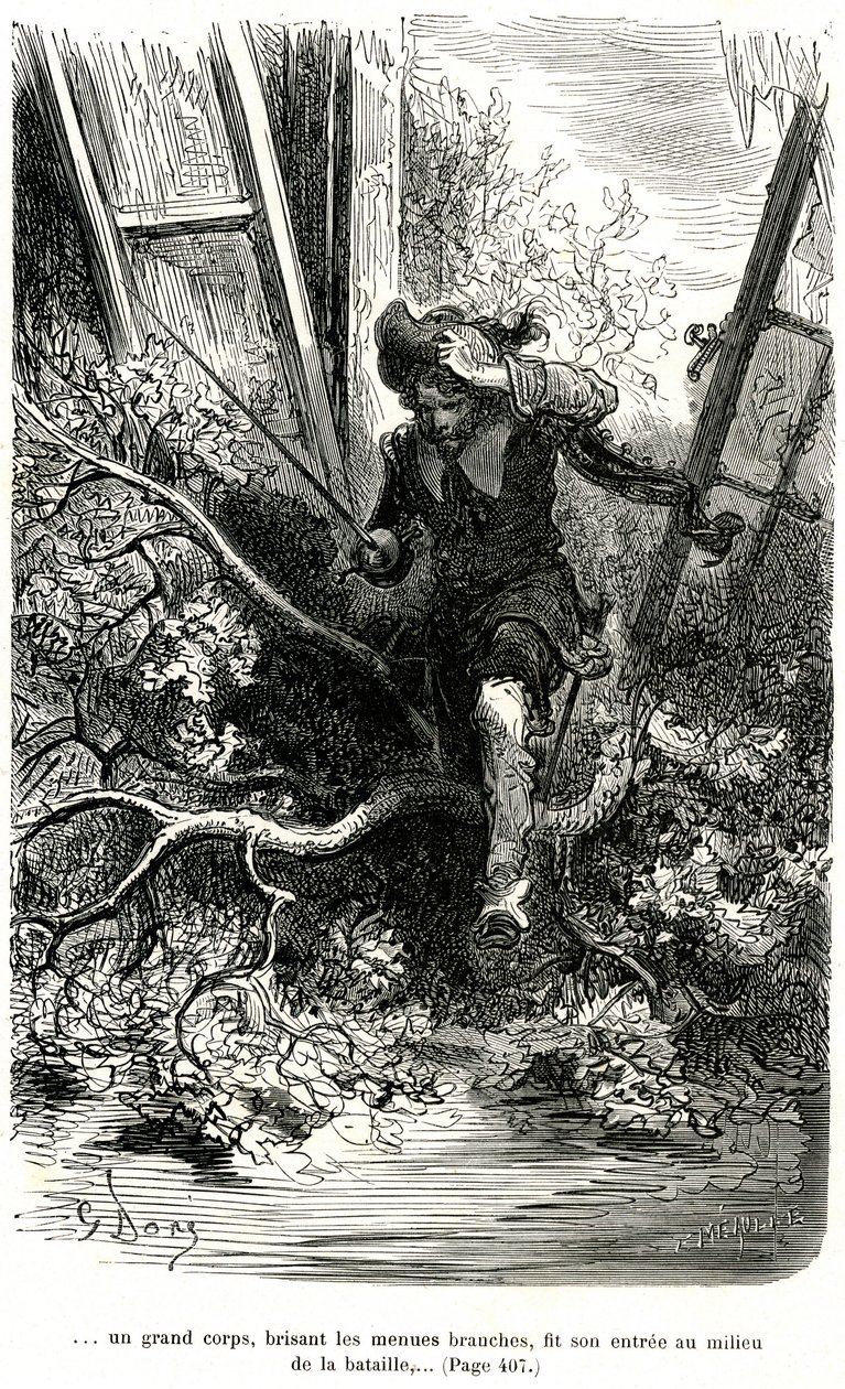 Jacquemin Lampourde 手持长枪，在战斗中冲锋陷阵。古斯塔夫-多尔（Gustave Dore）为西奥菲尔-戈蒂埃（Theophile Gautier）的披风和重剑小说《Le capitaine Fracasse》绘制的插图，1863 年夏朋蒂埃版。 作者 古斯塔夫·多尔（Gustave Dore）