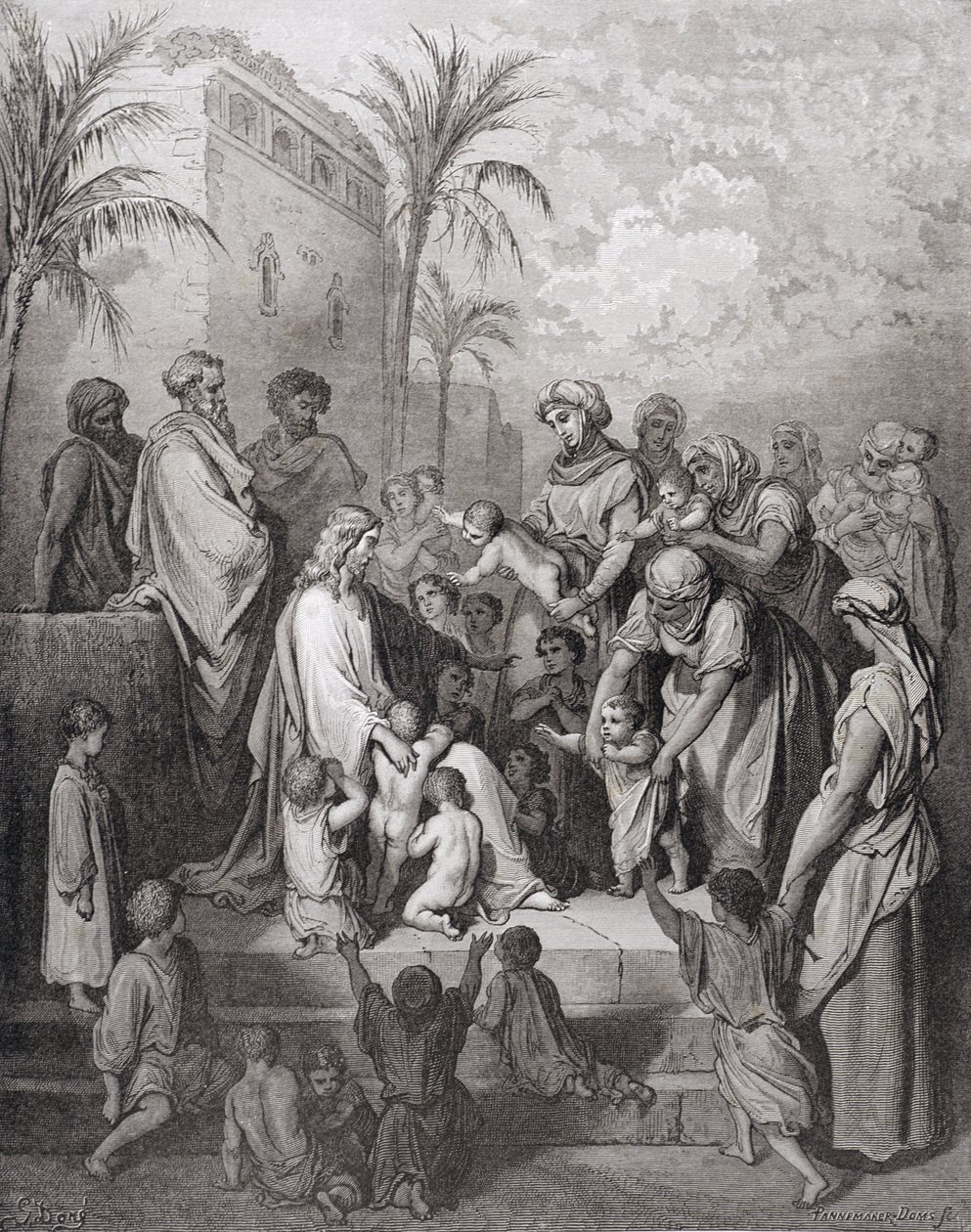 耶稣祝福孩子，由Stephane Pannemaker（1847-1930）c.1868雕刻 作者 古斯塔夫·多尔（Gustave Dore）