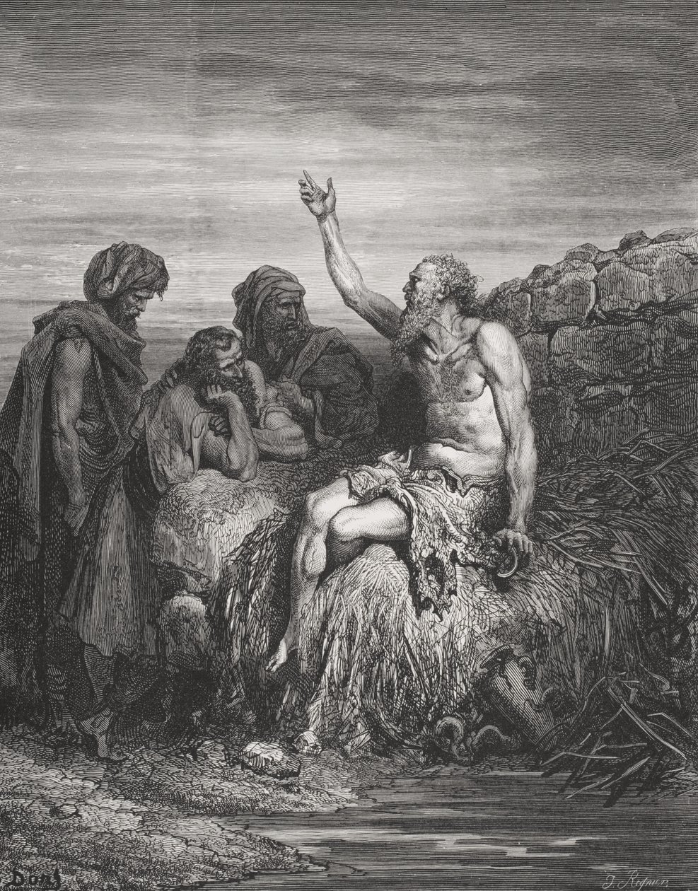 约伯和他的朋友，约伯记6：1-4，多尔的“圣经”中的插图，由J.Regnier，1866年刻。 作者 古斯塔夫·多尔（Gustave Dore）