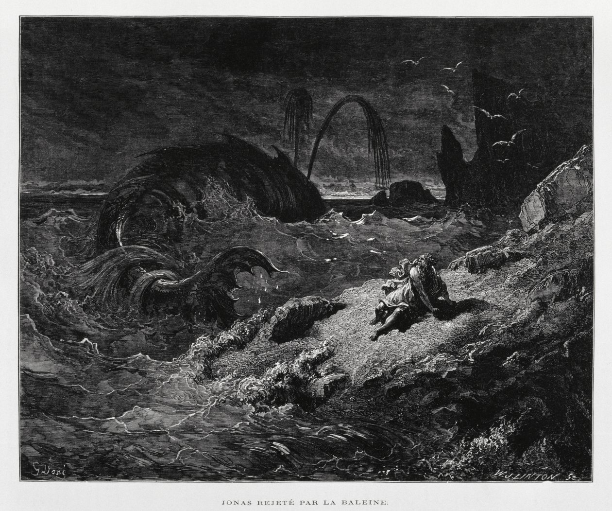 约拿被鲸鱼弹到陆地上，《多尔圣经》插图 作者 古斯塔夫·多尔（Gustave Dore）