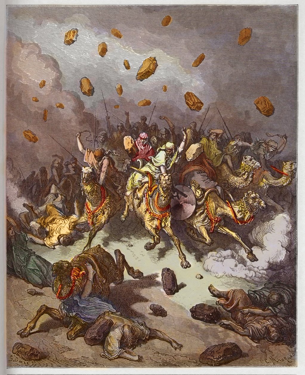 约书亚对亚摩利人的胜利--约书亚对亚摩利人的胜利--古斯塔夫-多尔（1832-1883）的 "圣经插图 "中的雕刻--来自 "多尔圣经 "的雕刻品 作者 古斯塔夫·多尔（Gustave Dore）