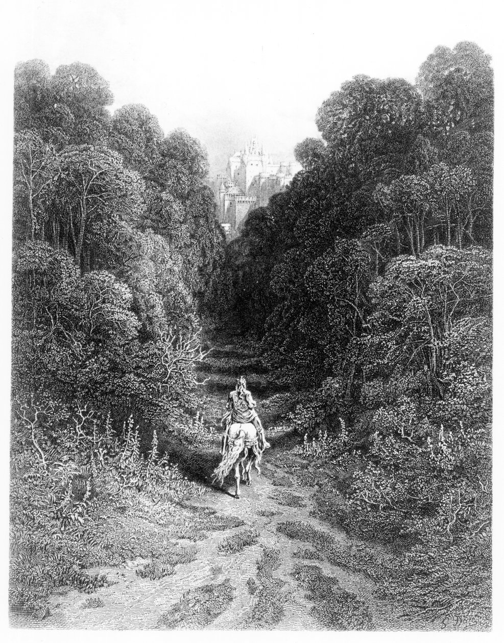 Lancelot在Astolat接近城堡，来自Alfred Tennyson的“国王的Idylls”插图（litho） 作者 古斯塔夫·多尔（Gustave Dore）