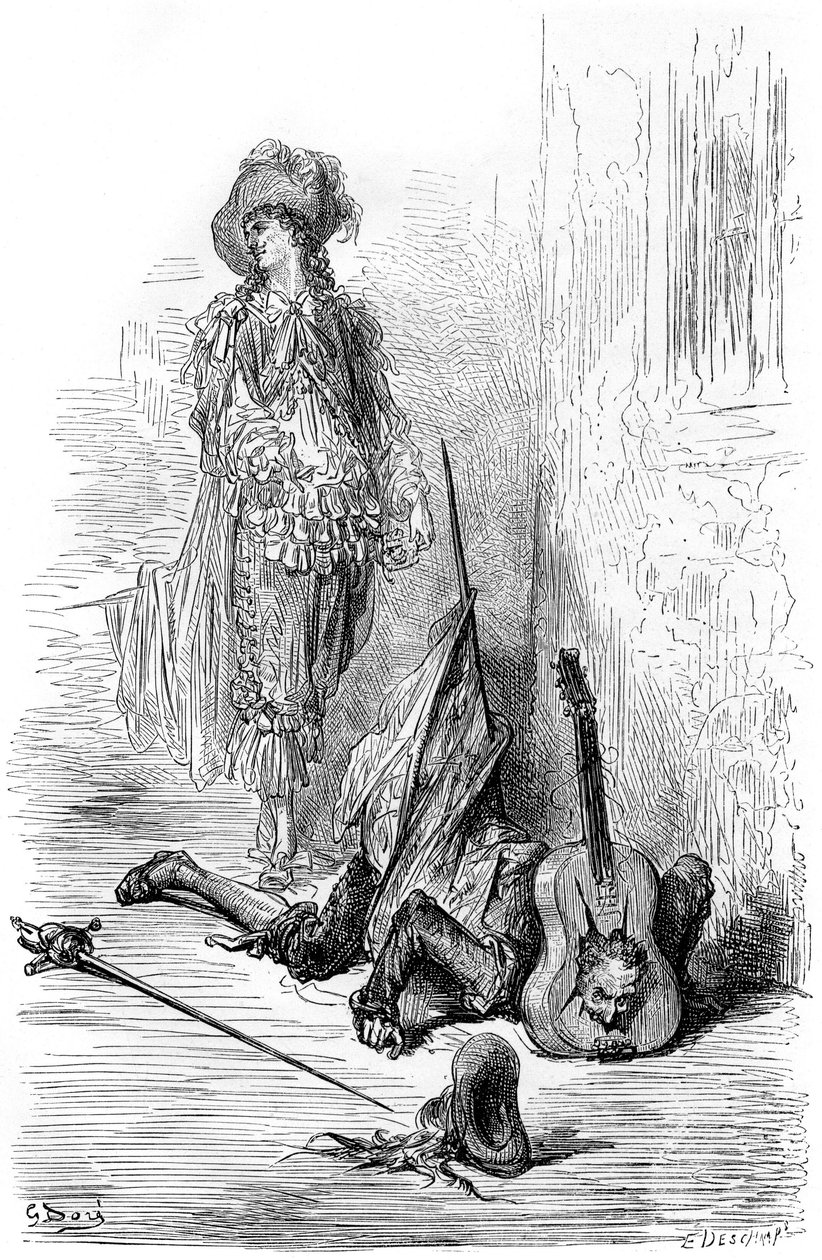 Leandre刚刚在Matamore的头上砸了一把吉他，为 "Fracass船长 "作插图 作者 古斯塔夫·多尔（Gustave Dore）