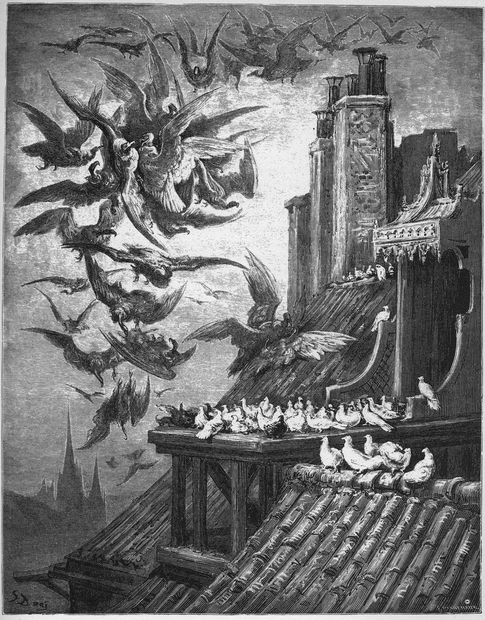 Les Vautours et les Pigeons-兀And与鸽子-摘自Jean de La Fontaine的“寓言” 作者 古斯塔夫·多尔（Gustave Dore）