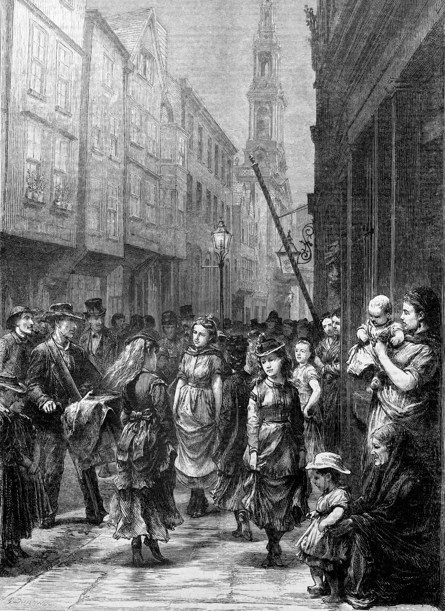 在伦敦威斯敏斯特市德鲁里巷，为交易而跳舞的低下阶层女孩，约1852-1883。 作者 古斯塔夫·多尔（Gustave Dore）
