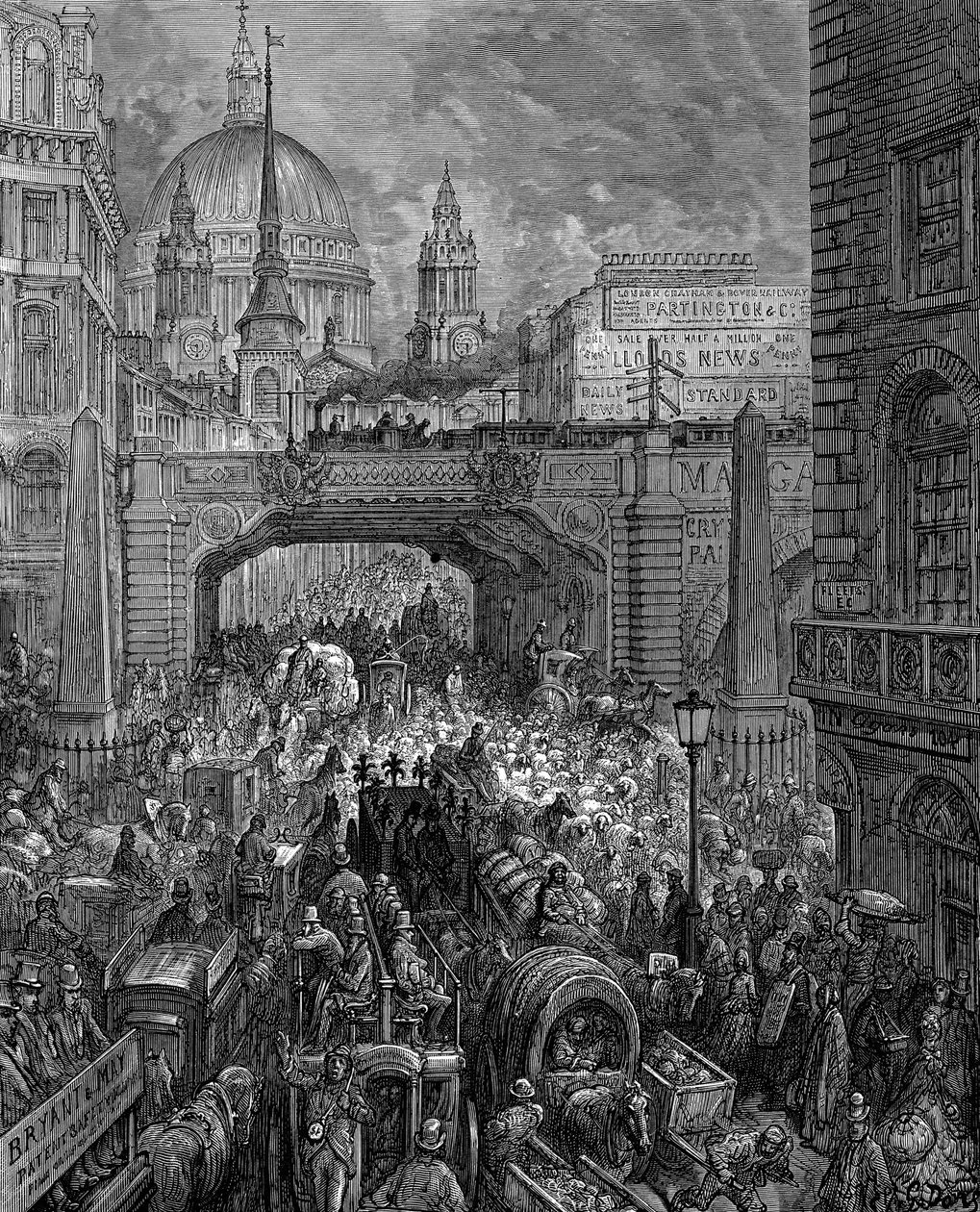 拉德盖特山来自 Gustave Dore 和 Blanchard Jerrold 伦敦：1872 年伦敦朝圣之旅。交通拥堵的场景、铁路高架桥（中间）和圣保罗教堂的圆顶。木刻版画 作者 古斯塔夫·多尔（Gustave Dore）
