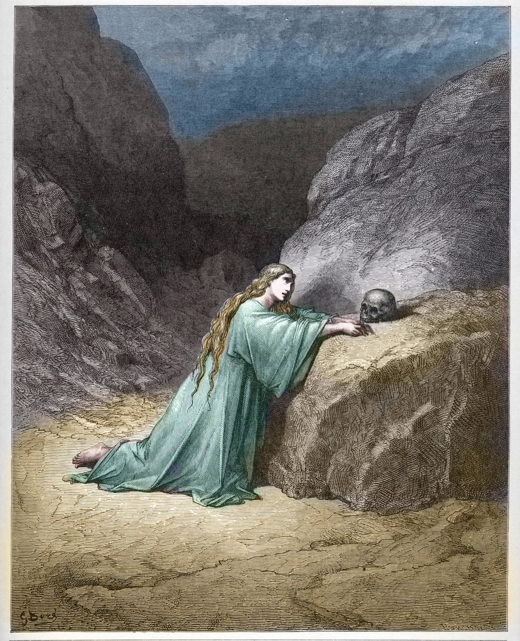 忏悔的抹大拉的马利亚(The repentant Mary Magdalene) --古斯塔夫-多尔(1832-1883)在 "The Bible illustree "中的雕刻 --来自 "The Dore Bible "的雕刻品 作者 古斯塔夫·多尔（Gustave Dore）