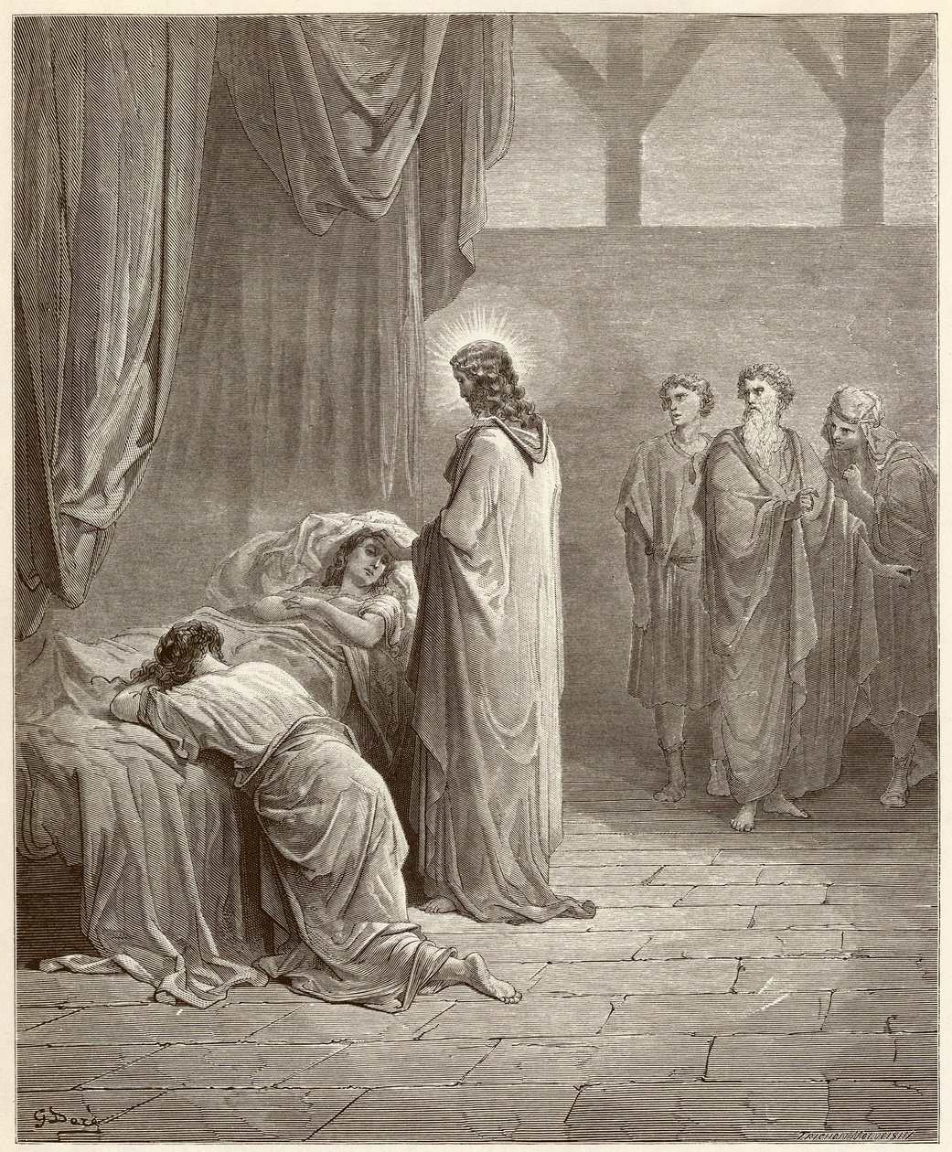 奇迹。耶稣基督治愈了耶鲁（Jairus或Jairos）的女儿。古斯塔夫-多尔（Gustave Dore，1832-1883）绘制的《圣经》中的雕版画。 作者 古斯塔夫·多尔（Gustave Dore）