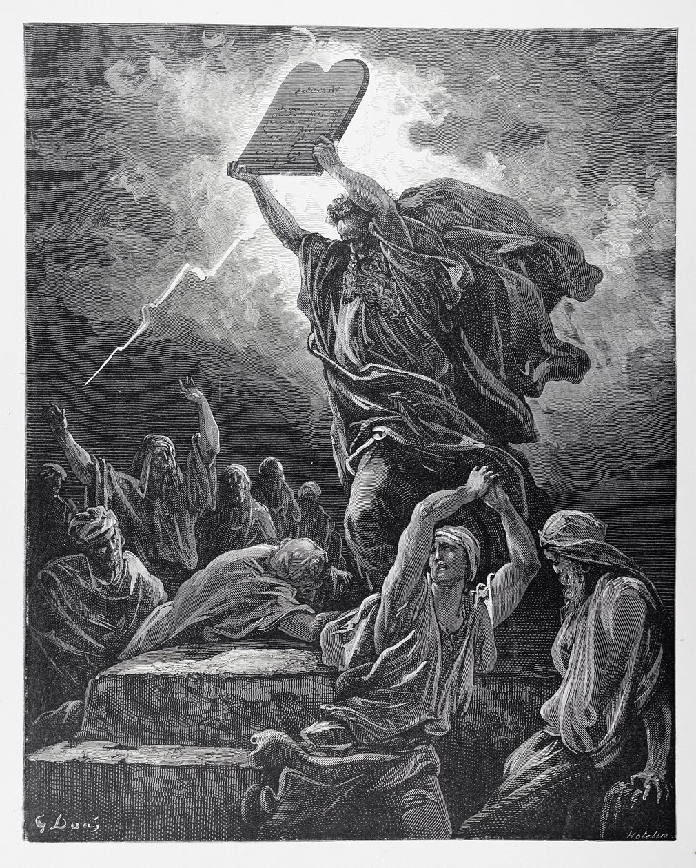 摩西打破了法律的平板，由Hotelin，c.1868雕刻 作者 古斯塔夫·多尔（Gustave Dore）
