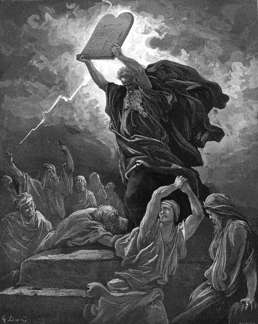 摩西打破律法的石板，雕刻。- 圣经 作者 古斯塔夫·多尔（Gustave Dore）