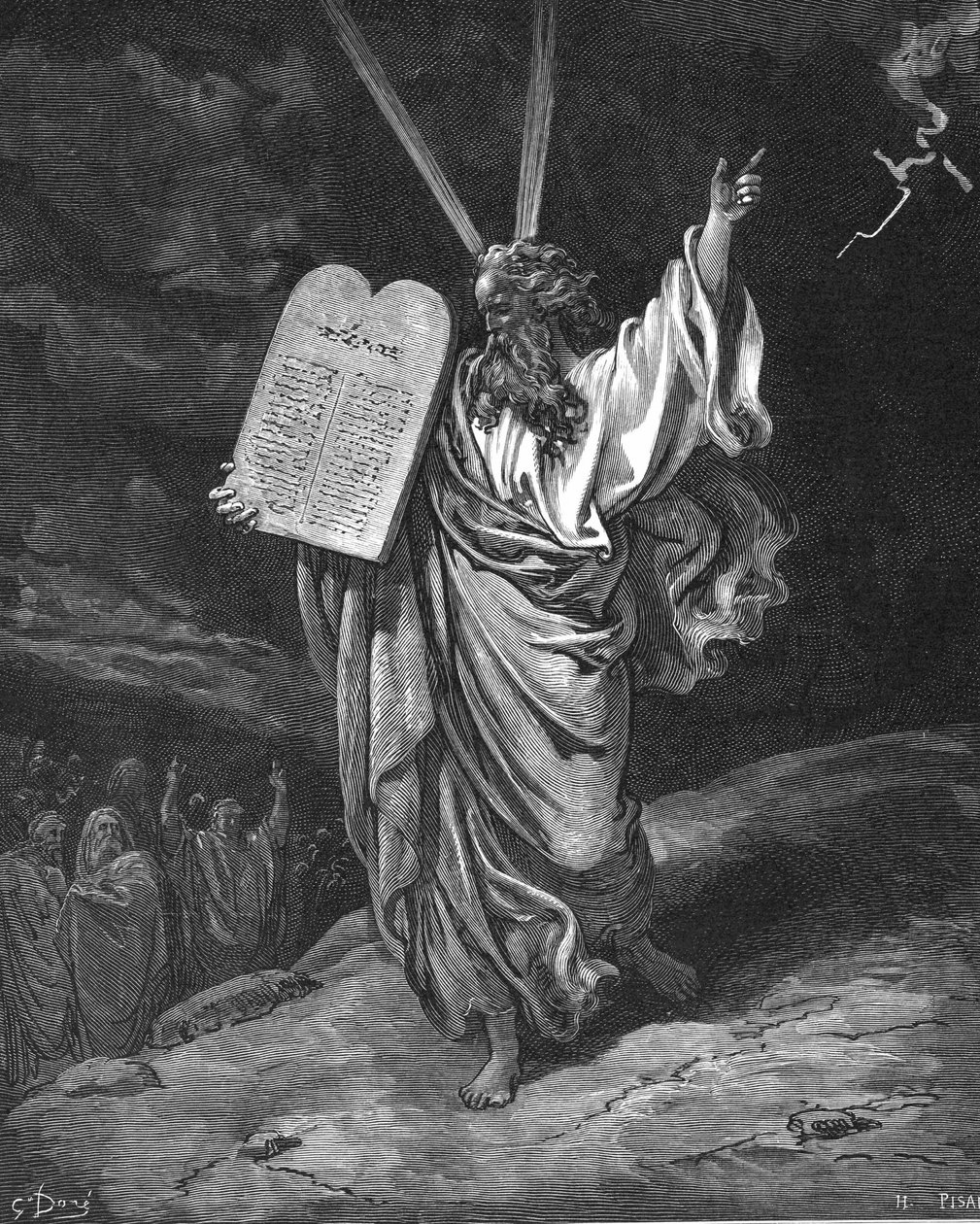 摩西带着法版（十诫）从西奈山下来。 出埃及记 5.35。 古斯塔夫·多尔（Gustave Dore，1832-1883 年）为《圣经》绘制的插图（伦敦，1866 年）。 木雕。 作者 古斯塔夫·多尔（Gustave Dore）
