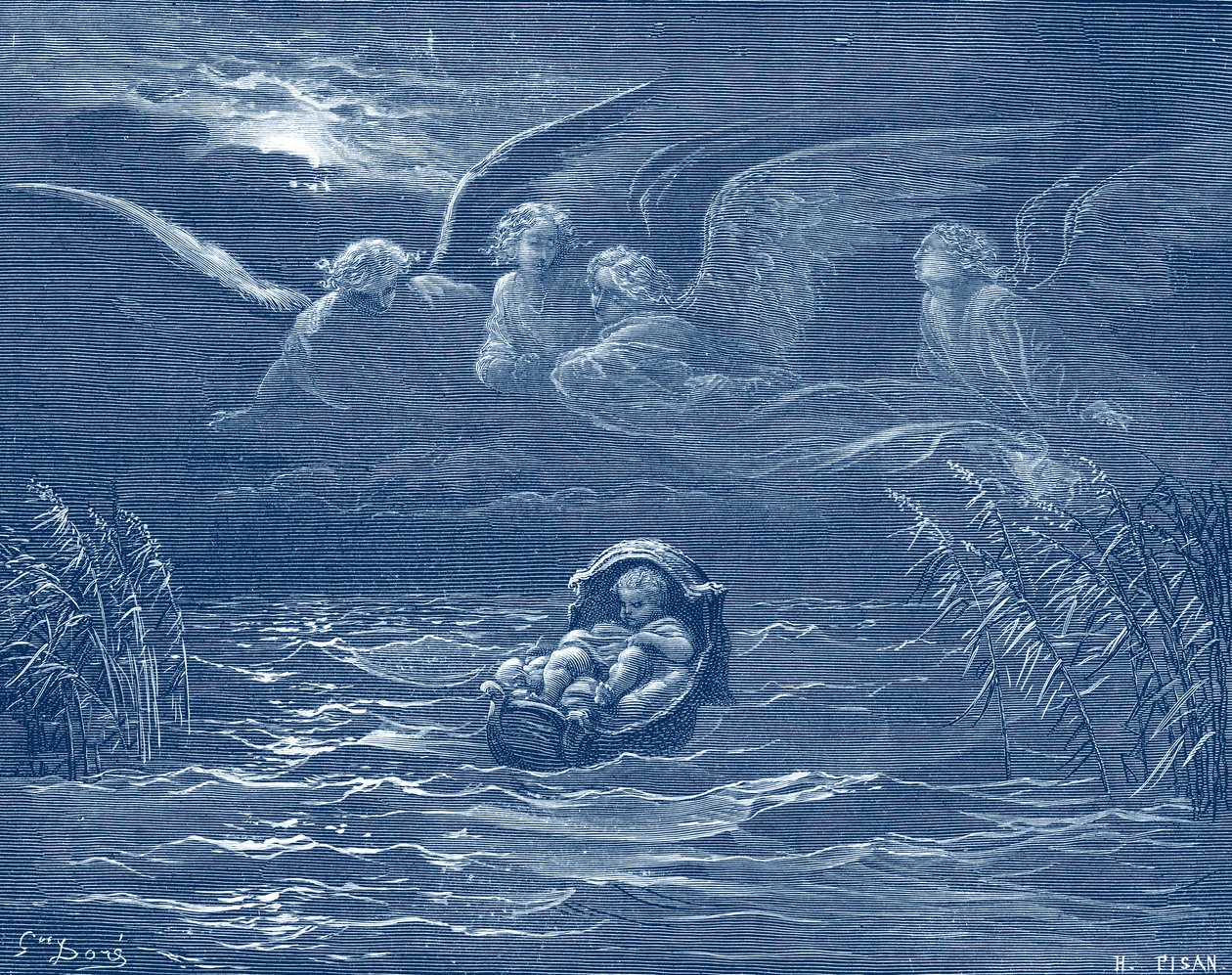 摩西在尼罗河上，多雷的雕刻作品 - 圣经 作者 古斯塔夫·多尔（Gustave Dore）