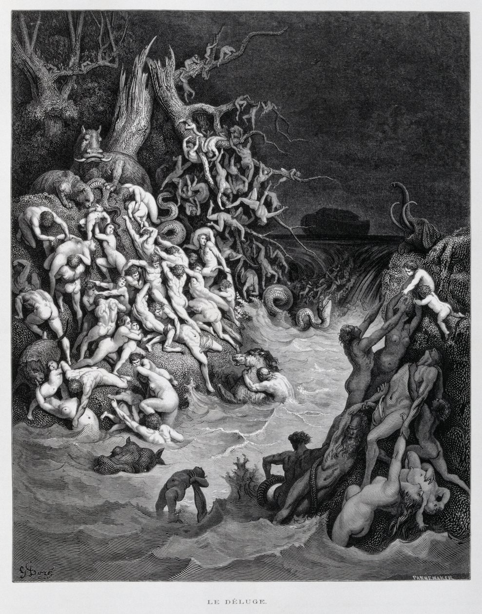诺亚和他的方舟在大洪水笼罩地球时逃生，插图来自《多尔圣经》。 作者 古斯塔夫·多尔（Gustave Dore）
