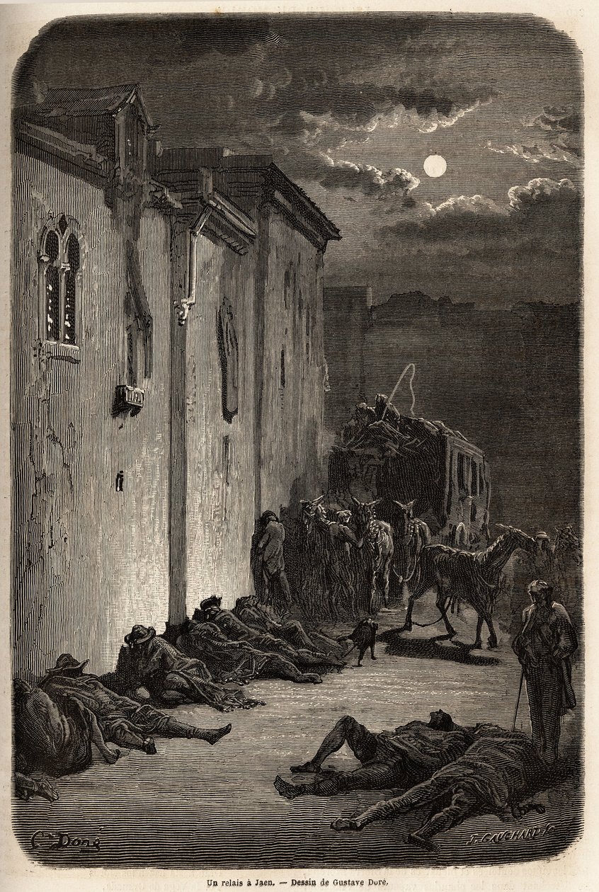 在哈恩的一个接力赛中的一个晚上。古斯塔夫-多尔（Gustave Dore，1832-1883）绘制的图画，用于说明他1862年与Ch.Davillier的西班牙之旅。雕刻在《世界之旅》中，由Edouard Charton编辑。 作者 古斯塔夫·多尔（Gustave Dore）
